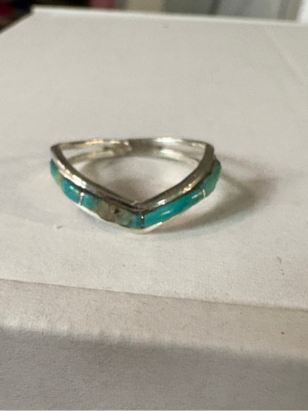 Jamie Johnson Navajo Made 6.5 Sterling Silver Chevron Ring with Turquoise Inlay